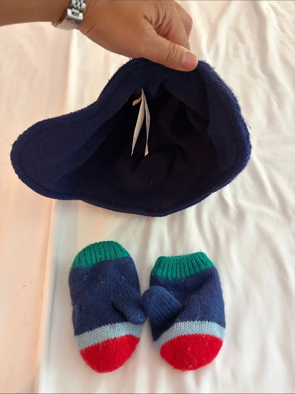 Baby Boden Navy Polar Bear Earflap Hat with Red Pom and Green-Trim Mittens